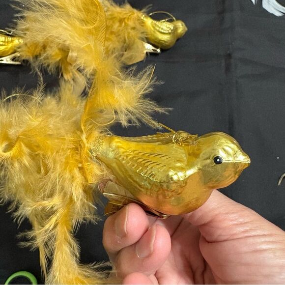 Set of Four Gold Bird Glittery Clip on Glass Ornaments with Feathers - Picture 5 of 8